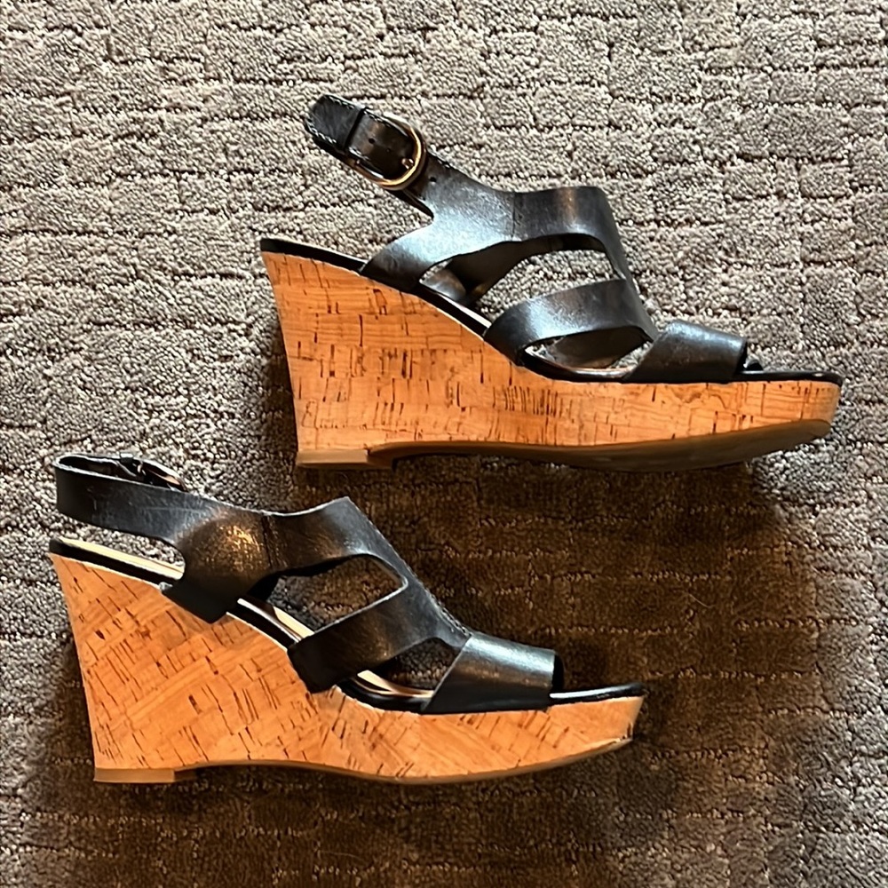 Franco Sarto Colletta Black Leather + Cork Wedge Platform Sandal 8